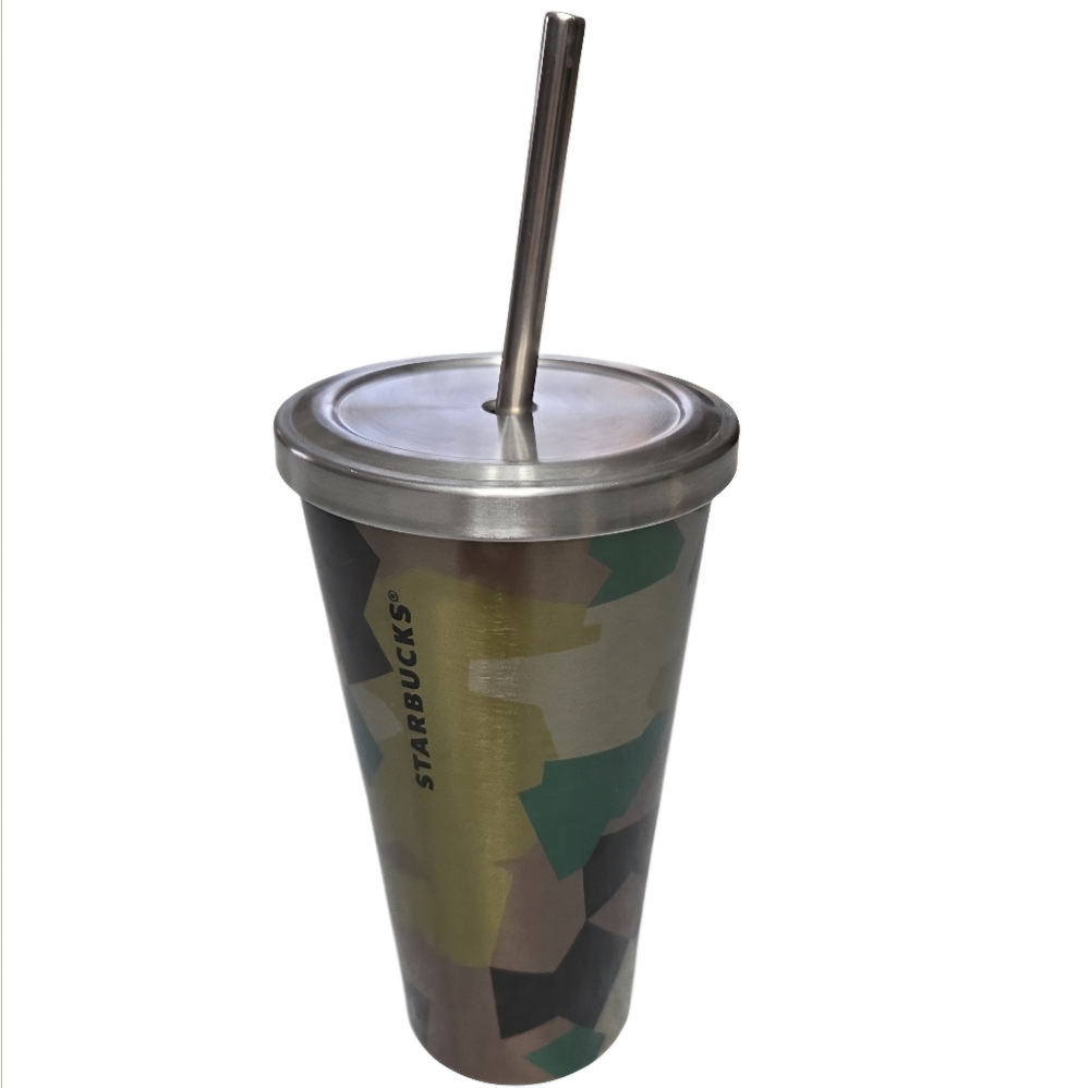 Starbucks 2014 Limited Edition Stainless Steel Tumbler Camo W/Lid/Straw 16oz